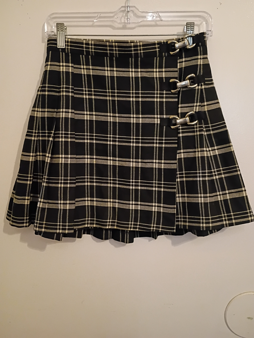 VTG Joule Black and White Plaid‎ Skater Mini Skirt with Buckle Detail Sz 9/10